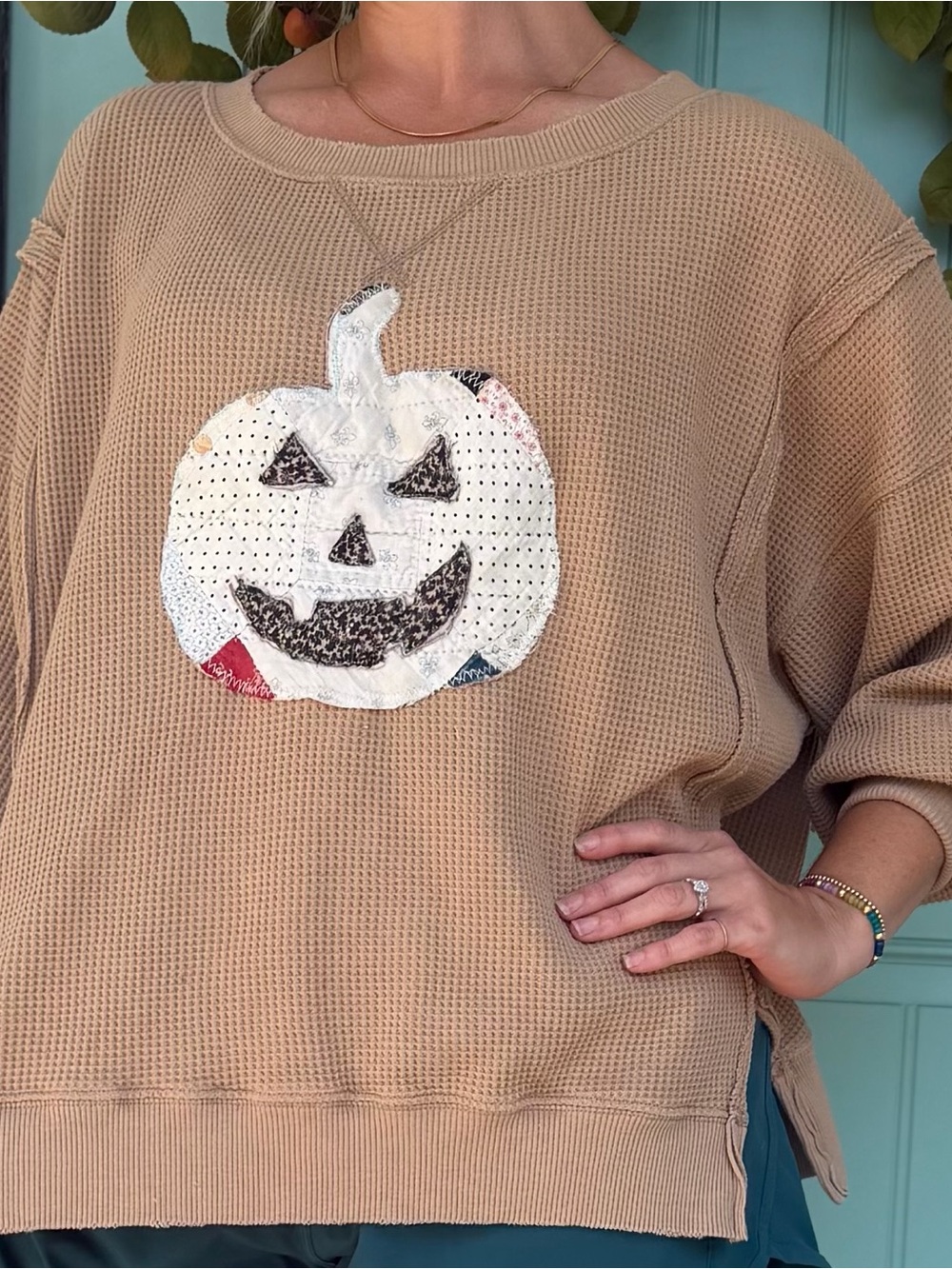 Handmade Women’s Beige Waffle-Knit Pumpkin Appliqué Sweater